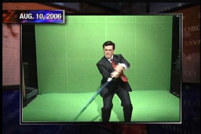 
Stephen Colbert shows off his light-saber skills in front of a green screen. Fans have been filling in the background with video and sending their entries in the 