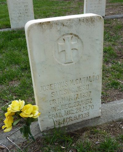 The Rev. Joseph Cataldo’s headstone sits in the Jesuit cemetery at Mount St. Michael.
