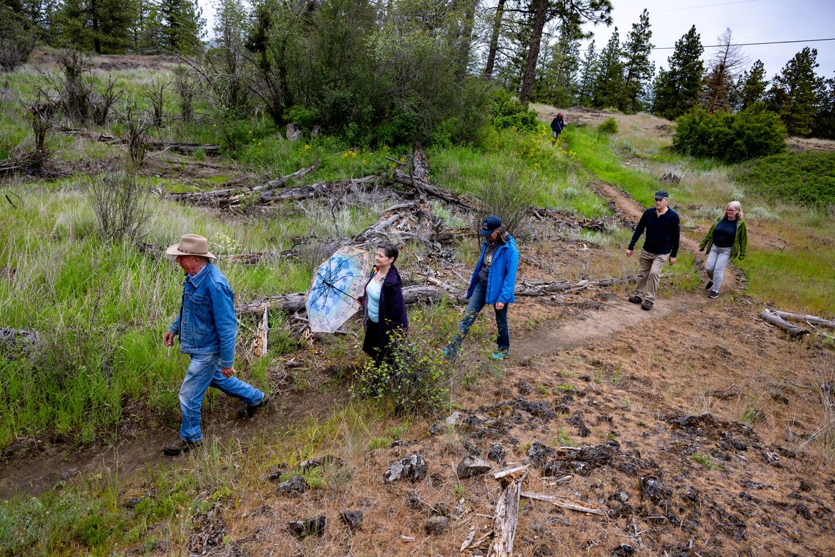 After cutting the ribbon dedicating the new North Palisades Loop Trail, Craig Volosing, director of Friends of the Palisades, gives a guided hike Thursday of the new trail. (COLIN MULVANY)