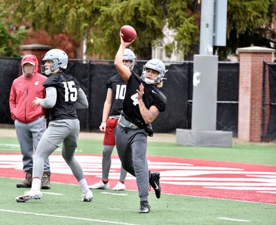 Washington State freshman Jayden de Laura uncorks a pass during the team’s second practice during preseason camp.  (Washington State Athletics )