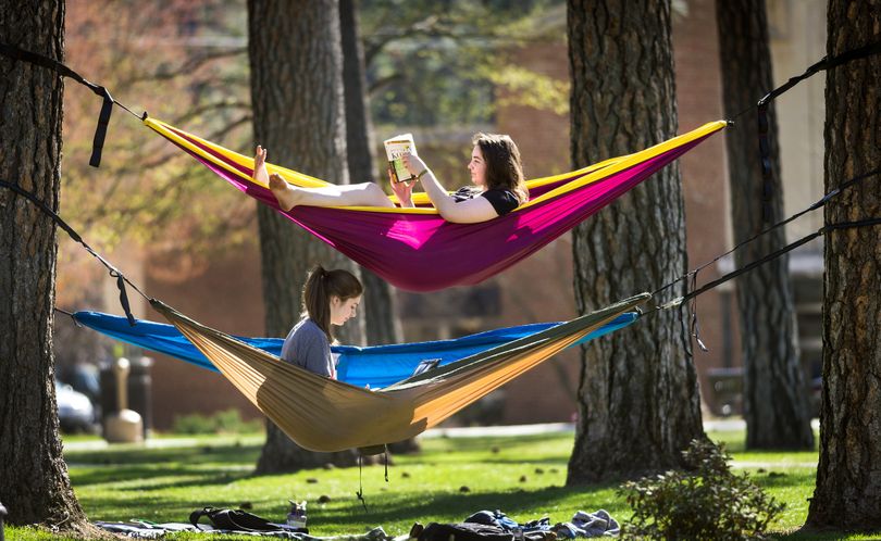 Hanging out: Whitworth University communication majors Melia Deters, on top, and Skyler Noble take advantage of Monday’s warm weather to study in their hammocks strung between pine trees on campus. “I like being in fellowship with people, and when you’re in hammocks, it makes it even cooler,” Deters said. (Colin Mulvany)
