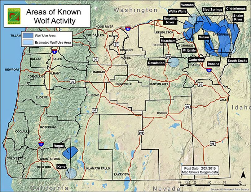 Oregon wolf activity documented through February 2015. (Oregon Department of Fish and Wildlife)