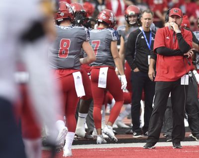 Eastern Washington Eagles head coach Beau Baldwin reacts after his team failed to score on the one yard line during the first half of a college football game on Saturday, Oct 8, 2016, at Roos Field in Cheney, Wash. TYLER TJOMSLAND tylert@spokesman.com (Tyler Tjomsland / The Spokesman-Review)