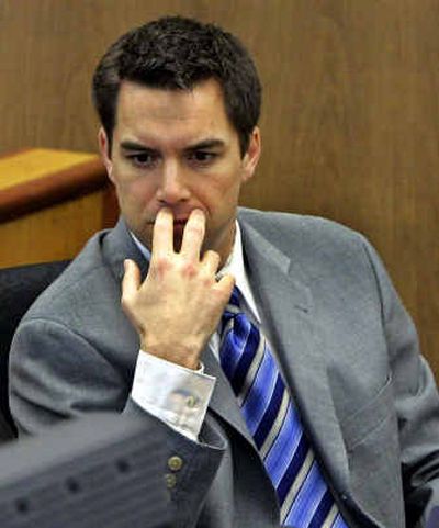
Scott Peterson listens at the beginning of the defense closing arguments Tuesday in Redwood City, Calif.
 (Associated Press / The Spokesman-Review)