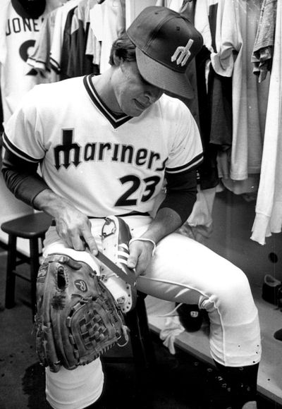 In the locker room, Bruce Bochte, first baseman-outfielder, sharpened his spikes prior to a workout. He was obtained by the Seattle Mariners in the re-entry draft in December 1977 after leading the Cleveland Indians in hitting the previous season with a .304 average.  (Roy Scully)