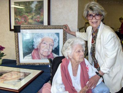 
Marilyn Fisher, right, poses with her mother, Hazel Golden, at Ivy Court, where Fisher made a series of portraits of residents. She later held a showing of the portraits and sold some to residents and their families. Below, a portrait of Ivy Court resident Roberta Jane Vaughn.
 (Handout photo / The Spokesman-Review)
