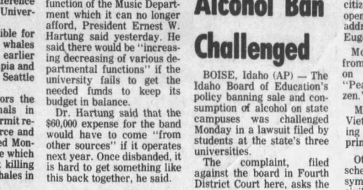 This day in history: University of Idaho marching band no longer in step as program nixed. Prohibition officer arrested on embezzlement charges