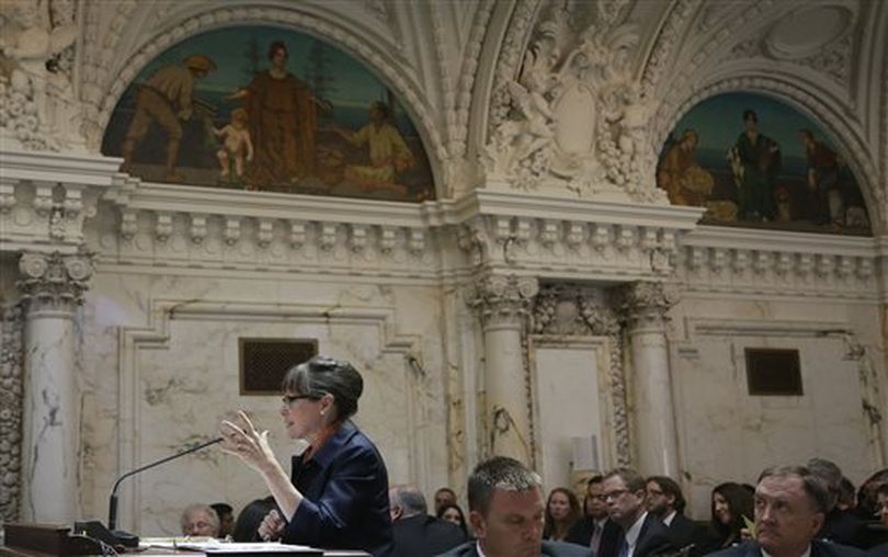 Attorney Deborah Ferguson, left, presents arguments against the gay marriage ban in Idaho at the 9th U.S. Circuit Court of Appeals in San Francisco, Monday, Sept. 8, 2014. A federal appellate court has heard arguments over Nevada, Idaho, and Hawaii's gay marriage ban, with an attorney against the ban saying it sends a message to same-sex couples that they and their families are inferior. (AP / Jeff Chiu)