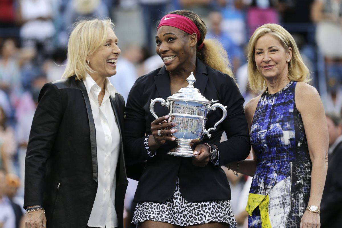Serena Williams matched Martina Navratilova, left, and Chris Evert, right, with 18 career Grand Slam titles. (Associated Press)