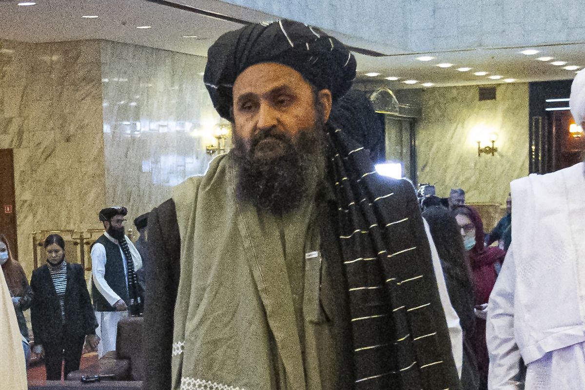 FILE - In this March 18, 2021, file photo, Taliban co-founder Mullah Abdul Ghani Baradar, arrives with other members of the Taliban delegation for an international peace conference in Moscow, Russia. Baradar