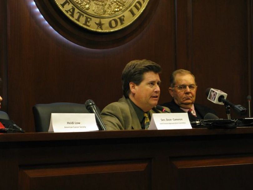 Sen. Dean Cameron, R-Rupert, center, addresses the AP Legislative Preview in Boise on Thursday; at right is Rep. Dennis Lake, R-Blackfoot (Betsy Russell)