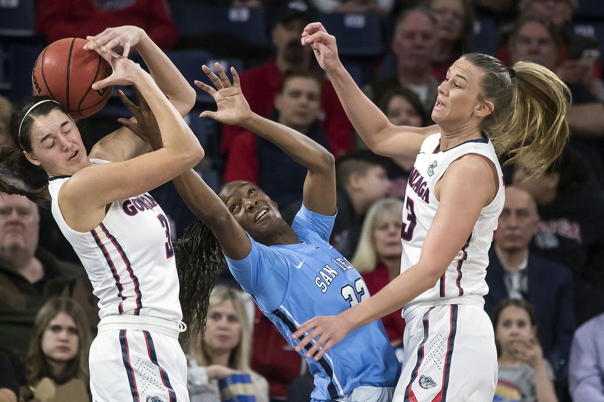 Gonzaga forward Jenn Wirth (3) tries to keep control of the ball as San Diego forward Maya Hood (22) reaches in during the first half of a NCAA basketball game, Thurs., Feb. 22, 2018, in the McCarthey Athletic Center. (Colin Mulvany / The Spokesman-Review)