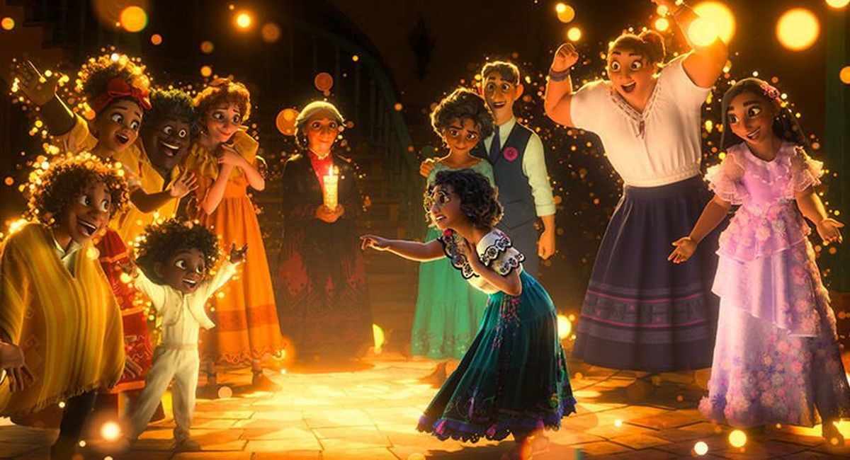 “Encanto” tells the story of the extended Madrigal family, including, clockwise from center: the heroine Mirabel (voice of Stephanie Beatriz); her cousins Antonio (Ravi Cabot-Conyers), Camilo (Rhenzy Feliz) and Dolores (Adassa); Uncle Félix (Mauro Castillo) and Aunt Pepa (Carolina Gaitan); her grandmother, Abuela Alma (María Cecilia Botero); her mother Julieta (Angie Cepeda) and father Agustín (Wilmer Valderrama); and her sisters Luisa (Jessica Darrow) and Isabela (Diane Guererro).  (Disney)