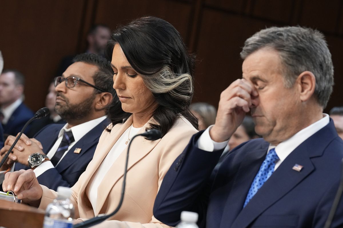 From left to right: FBI Director Kash Patel, Director of National Intelligence Tulsi Gabbard and CIA Director John Ratcliffe, appear during a Senate Committee on Intelligence Hearing on March 25, 2025, in Washington, D.C. (Andrew Harnik/Getty Images/TNS) (Andrew Harnik/Getty Images North America/TNS)