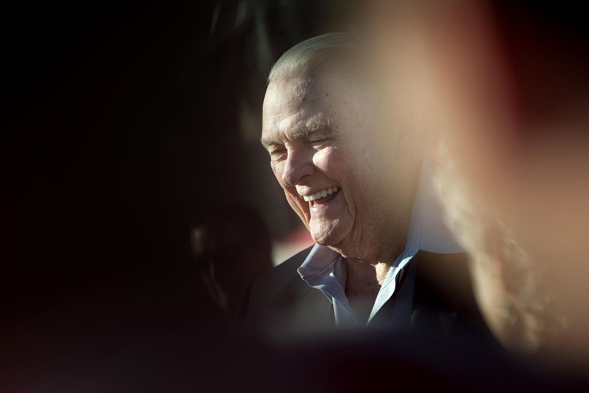 Legendary sports caster Keith Jackson was all smiles after he raised the WSU flag before the the first half of a college football game against Portland State on Saturday, Sep 13, 2014 at Martin Stadium in Pullman, Wash. (Tyler Tjomsland / The Spokesman-Review)