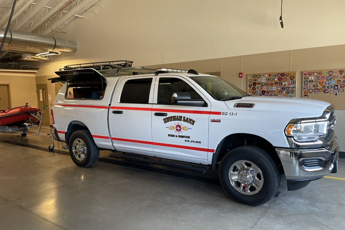 The Squad 13-1 medic truck, shown, is based at Station 1 on Starr Road in the Newman Lake Fire and Rescue district. Squad 13-1 is a newly acquired vehicle that’s narrower and more maneuverable than the traditional brush trucks.  (Nina Culver/For The Spokesman-Review)