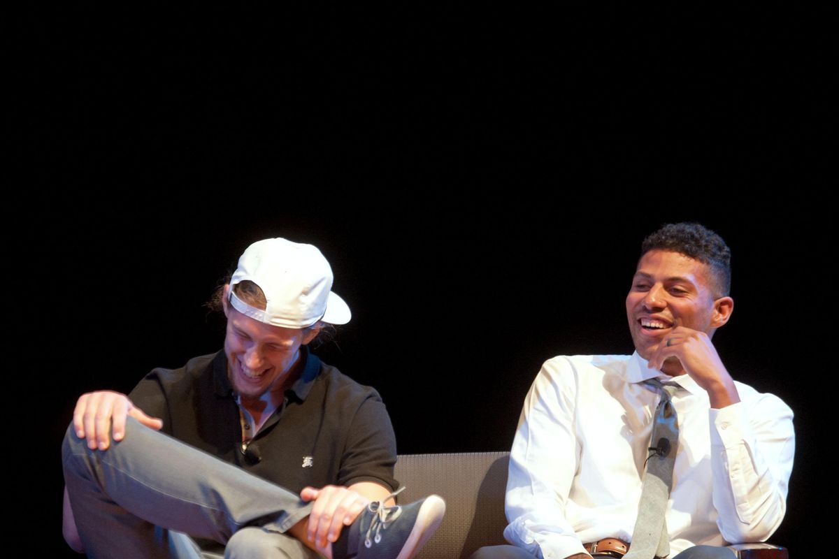 Former Zag basketball stars Kelly Olynyk, left and Steven Gray share a laugh while on the panel at the Gonzaga University Legends event at The Fox hosted by The Spokesman-Review