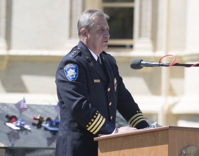 Tacoma Police Chief Don Ramsdell speaks Tuesday, May 9, 2017, about TPD officer Reginald “Jake” Gutierrez who was killed in the line of duty while responding to a domestic call. Ramsdell was invited to speak at the Spokane Law Enforcement Memorial service at the Spokane Law Enforcement Memorial, which bears the name of all LEOs killed in the line of duty. Jesse Tinsley/THE SPOKESMAN-REVIEW  (JESSE TINSLEY)