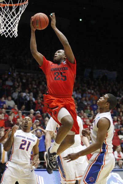 Dayton's Kendall Pollard soars to the basket during first-half action Wednesday. (Associated Press)