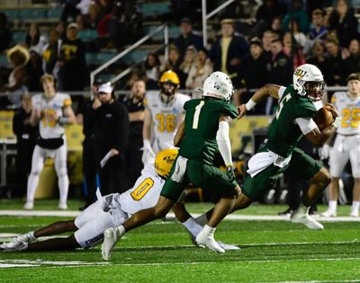 Idaho defensive back Murvin Kenion III dives at the feet of Southeastern Louisiana quarterback Cephus Johnson III during Saturday’s FCS playoff opener in Hammond, Louisiana.  (Courtesy of Southeastern Louisiana)