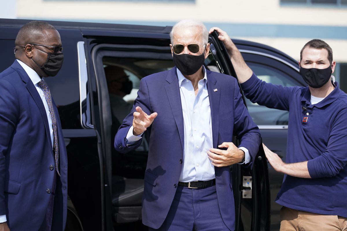 Democratic presidential candidate former Vice President Joe Biden arrives to board a plane at New Castle Airport, in New Castle, Del., Friday, Sept. 18, 2020, en route to Duluth, Minn.  (Carolyn Kaster)