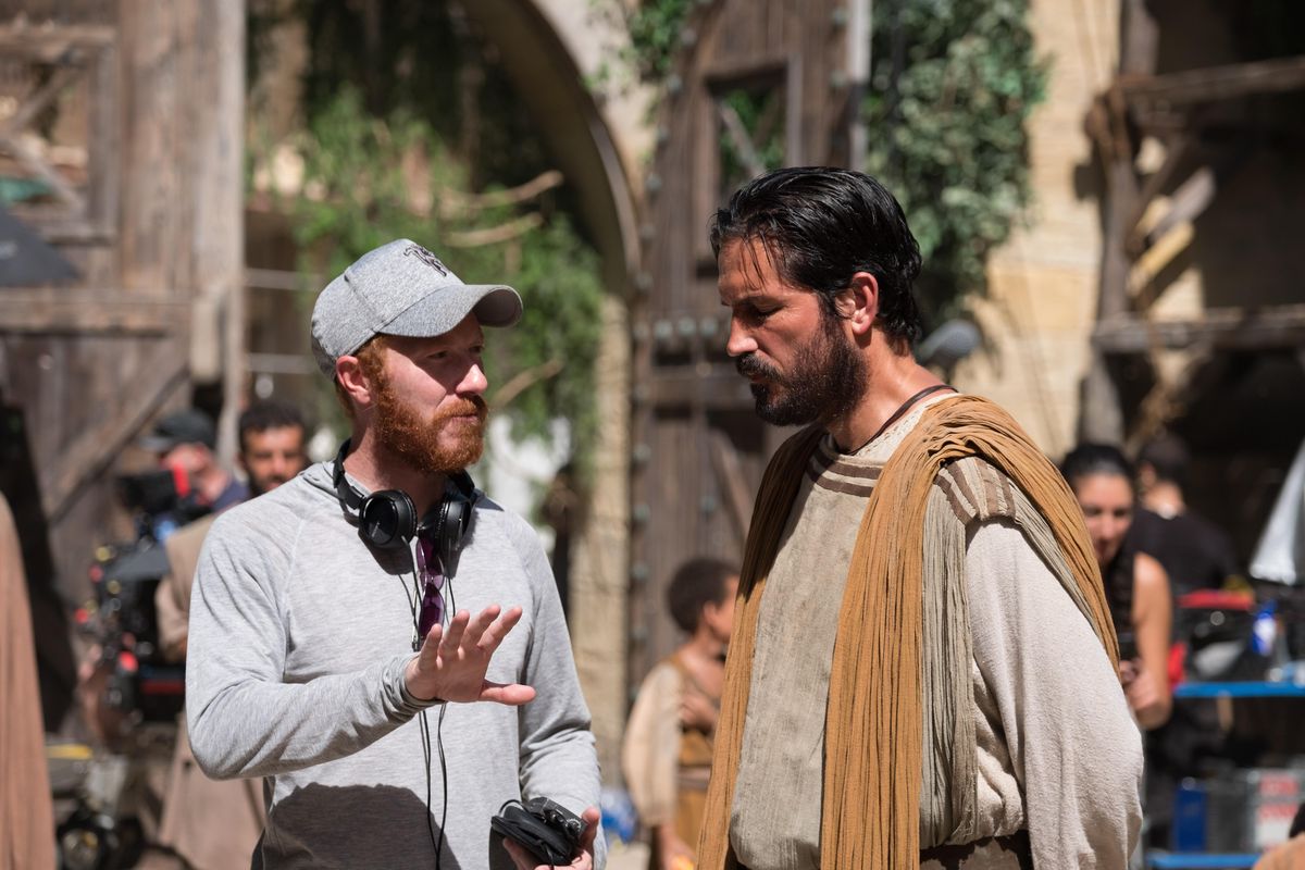 Director Andrew Hyatt and and Jim Caviezel on the set of “Paul, Apostle of Christ.” (Mark Cassar)