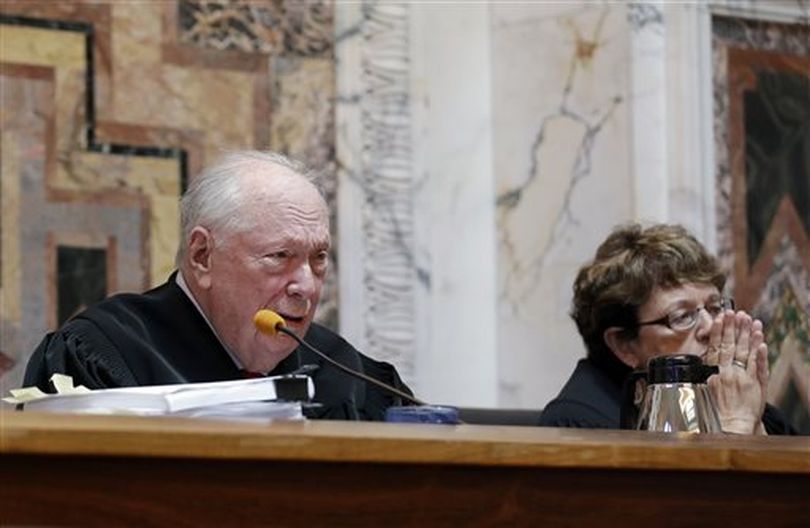 Judge Stephen Reinhardt, left, and Judge Marsha Berzon listen to arguments on gay marriage bans at the 9th U.S. Circuit Court of Appeals in San Francisco, Monday, Sept. 8, 2014. A federal appellate court has heard arguments over Nevada, Idaho, and Hawaii's gay marriage ban, with an attorney against the ban saying it sends a message to same-sex couples that they and their families are inferior. (AP / Jeff Chiu)