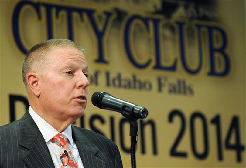 Democratic Challenger AJ Balukoff gives his opening remarks about the principles of his campaign during the gubernatorial debate hosted by the City Club of Idaho Falls at the Idaho State University Bennion Student Union Building Thursday, Oct. 9, 2014. (AP/Post Register / Pat Sutphin)