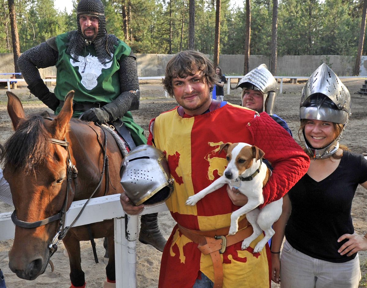 Jousters for the Northwest Renaissance Festival in Nine Mile Falls include Brian Thornton riding Shooter, left, Tieg Thornton with his dog Ratchet, Carson Hentges and Alex Johnson-Tull.