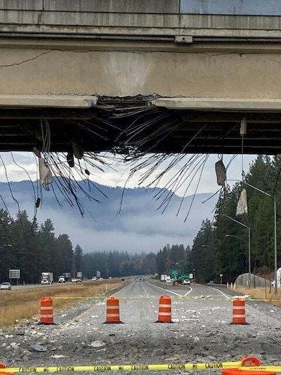 Westbound I-90 closed temporarily last month after an oversized vehicle struck the Bullfrog Road overpass on Oct. 18 at approximately 10 p.m near Cle Elum.  (Courtesy Washington State Department of Transportation)