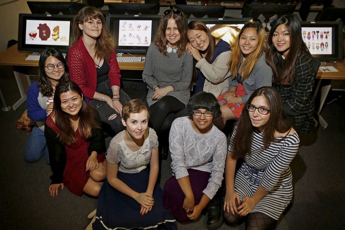 CalArts Animation director Maija Burnett, top row center, poses with a group of her female students at CalArts in Los Angeles.