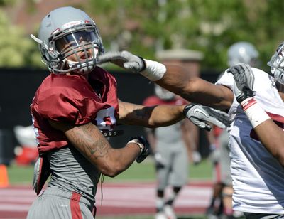 Washington State wide receiver Gabe Marks takes it on the chin during practice Tuesday. (Dan Pelle)