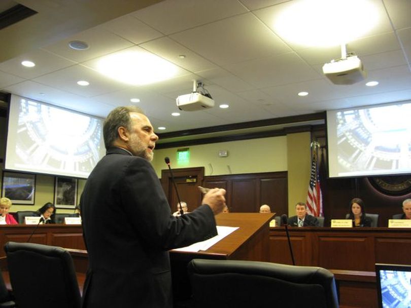 Rep. Vito Barbieri, R-Dalton Gardens, pitches a new version of his health care reform 'nullification' bill to the House State Affairs Committee on Monday; despite many questions, the panel introduced the bill. (Betsy Russell)