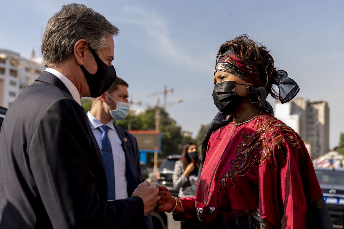 Secretary of State Antony Blinken, accompanied by Senegalese Foreign Minister Aissata Tall Sall, departs following a news conference at the Ministry of Foreign Affairs in Dakar, Senegal, Saturday, Nov. 20, 2021. Blinken is on a five day trip to Kenya, Nigeria, and Senegal.  (Andrew Harnik)