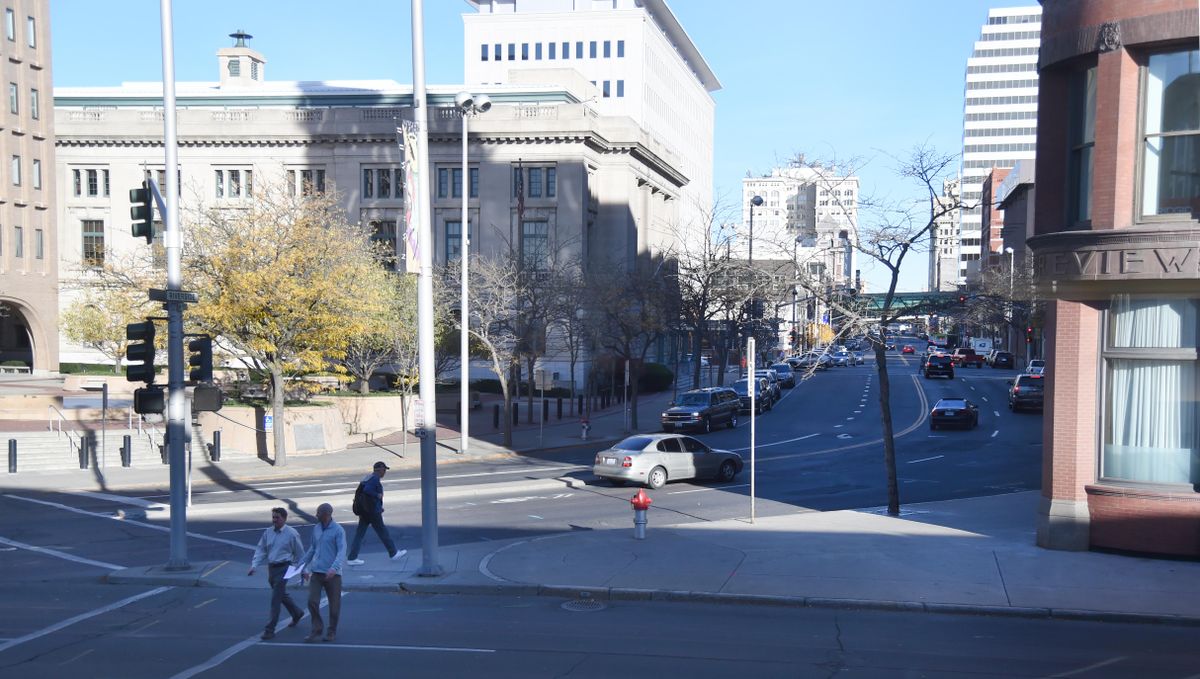 Present day: This view east on Riverside Avenue from Monroe in downtown Spokane shows the route used for many parades, including the Boys Week parades in the 1920s. (Jesse Tinsley / The Spokesman-Review)