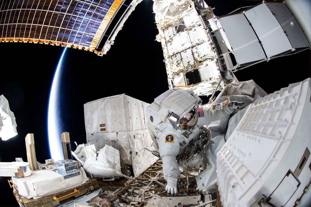NASA astronaut Kayla Barron takes a space walk.  (Courtesy of NASA)