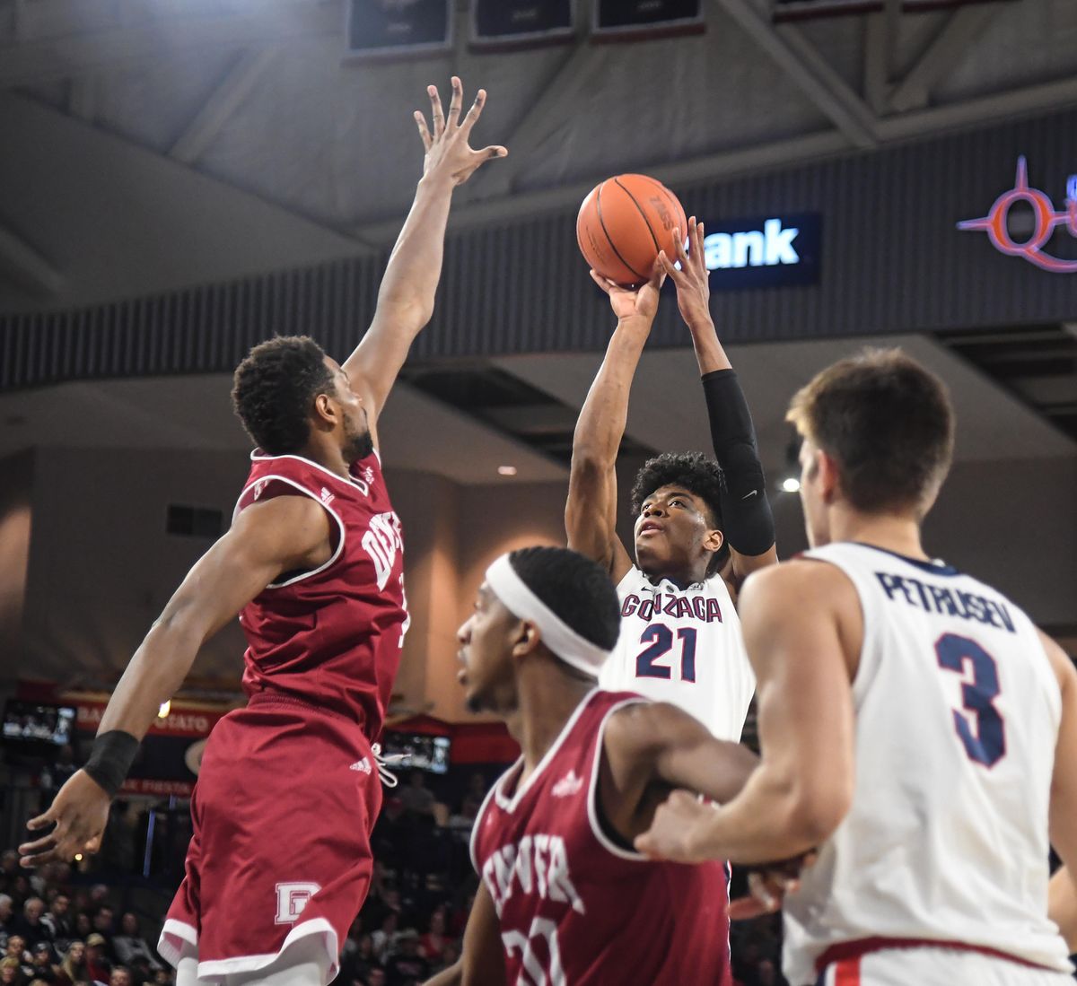 Gonzaga forward Rui Hachimura hits a shot over Denver forward Troy Stewart-Miller, Friday, Dec. 21, 2018, in the McCarthey Athletic Center. (Dan Pelle / The Spokesman-Review)