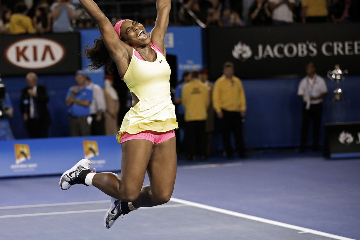 Serena Williams jumps for joy after defeating Maria Sharapova in the women