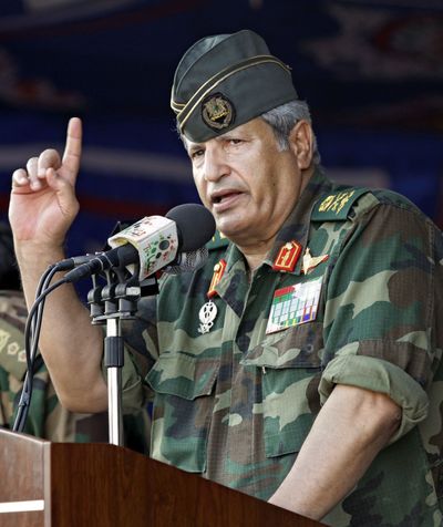 In this photo taken July 6, Abdel Fattah Younis speaks during a rally in Benghazi. (Associated Press)