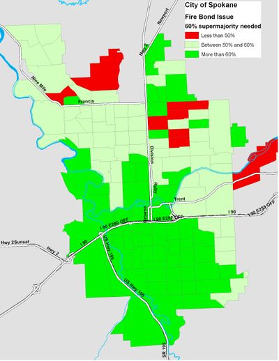 Map of the Spokane City Fire Bond vote as of 11-13.