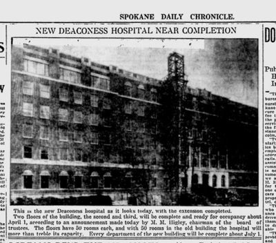 A photo on page 2 of the Spokane Daily Chronicle on Feb. 10, 1920, shows a nearly complete facade of the new Deaconess Hospital building at Fourth Avenue and Post Street. (S-R archives)