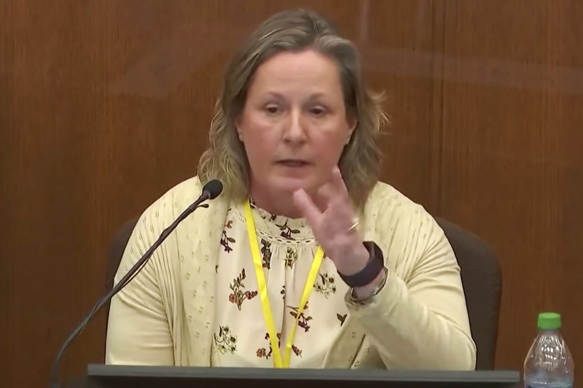 In this image taken from video, former Brooklyn Center Police Officer Kim Potter testifies during her trial, Friday, Dec. 17, 2021, in Minneapolis. Potter is charged with first- and second-degree manslaughter in the shooting of Daunte Wright, a Black motorist, in the suburb of Brooklyn Center. Potter has said she meant to use her Taser – but grabbed her handgun instead – after Wright tried to drive away as officers were trying to arrest him.  (POOL)