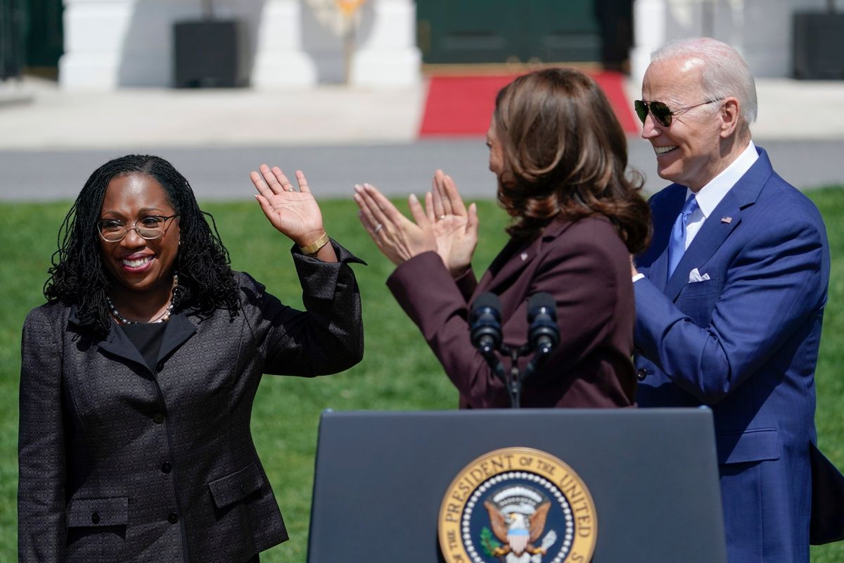 President Joe Biden and Vice President Kamala Harris applaud Judge Ketanji Brown Jackson as Harris speaks during an event on the South Lawn of the White House in Washington, Friday, April 8, 2022, celebrating the confirmation of Jackson as the first Black woman to reach the Supreme Court.  (Andrew Harnik)