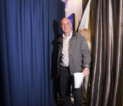 In this May 25, 2017 file photo, Republican Greg Gianforte prepares to go onstage at a hotel ballroom in Bozeman, Mont. (Bobby Caina Calvan / Associated Press)