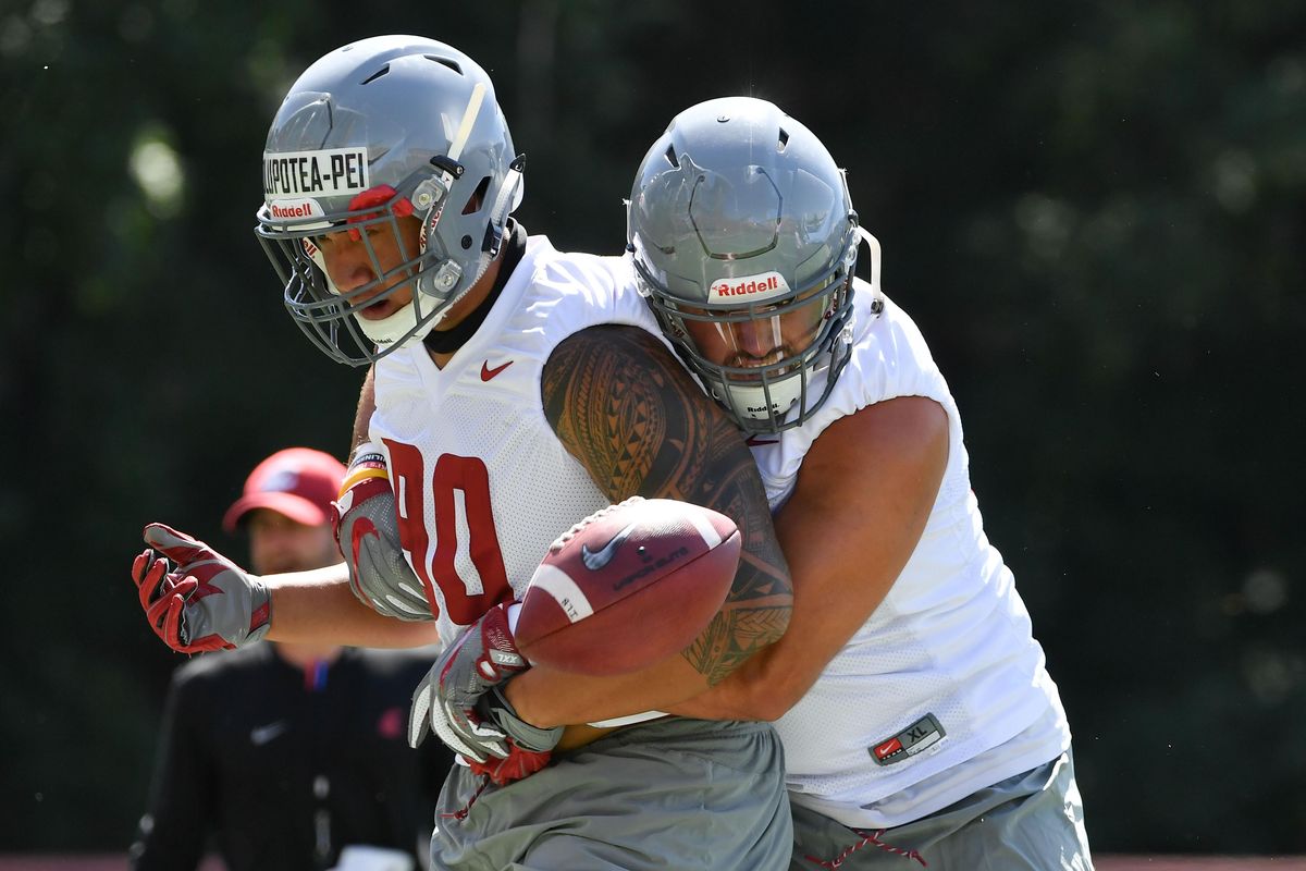 Defensive lineman Misiona Aiolupotea-Pei works through a drill during practice on Friday, August 3, 2018, at Martin Stadium in Pullman, Wash. (Tyler Tjomsland / The Spokesman-Review)