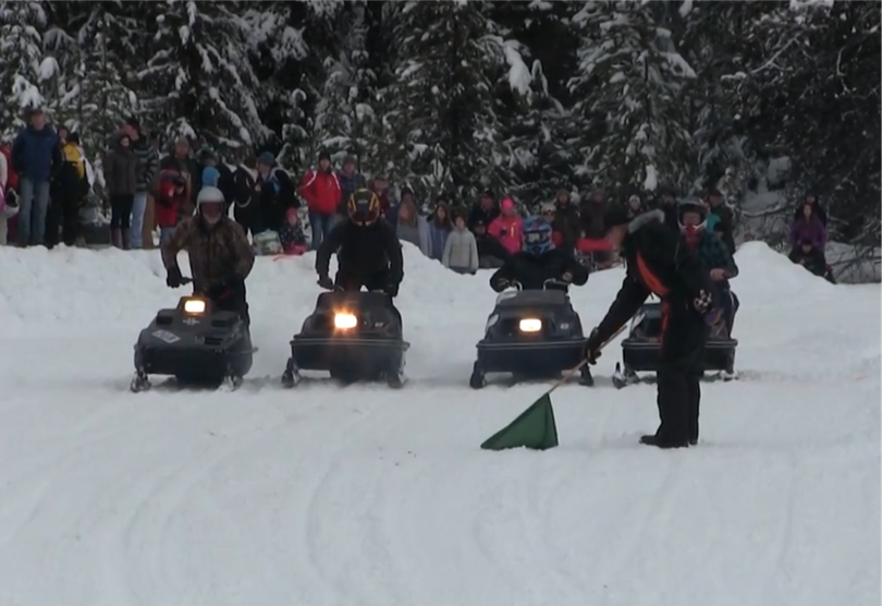 A heat prepares to start in the 2016 vintage snowmobile races at Priest Lake on Jan. 17, 2016.