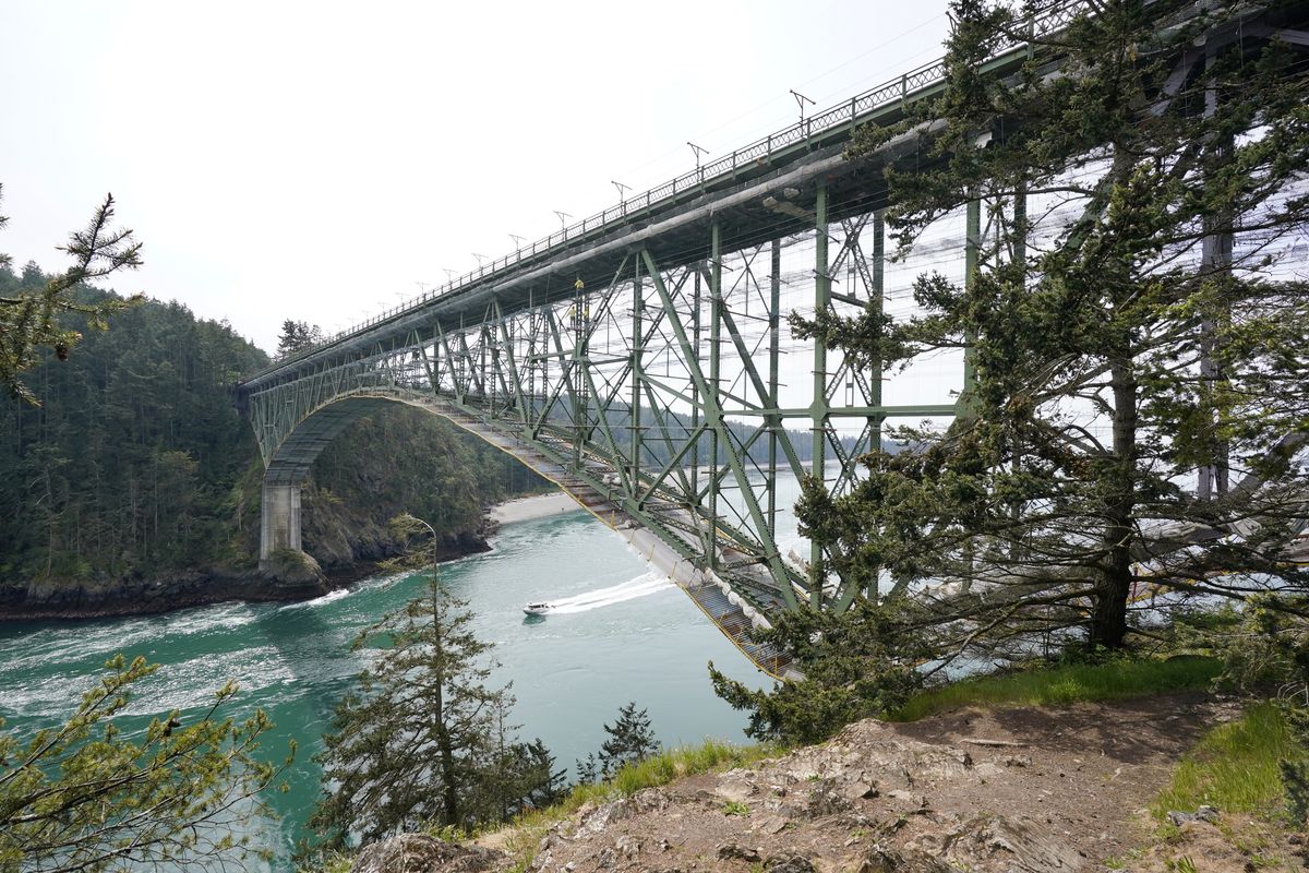 The Deception Pass Bridge, nearly 1,000 feet long and about 180 feet above the waters below, is covered in scaffolding Thursday as work to replace corroded steel and paint the structure continues in Deception Pass, Wash. (Elaine Thompson)