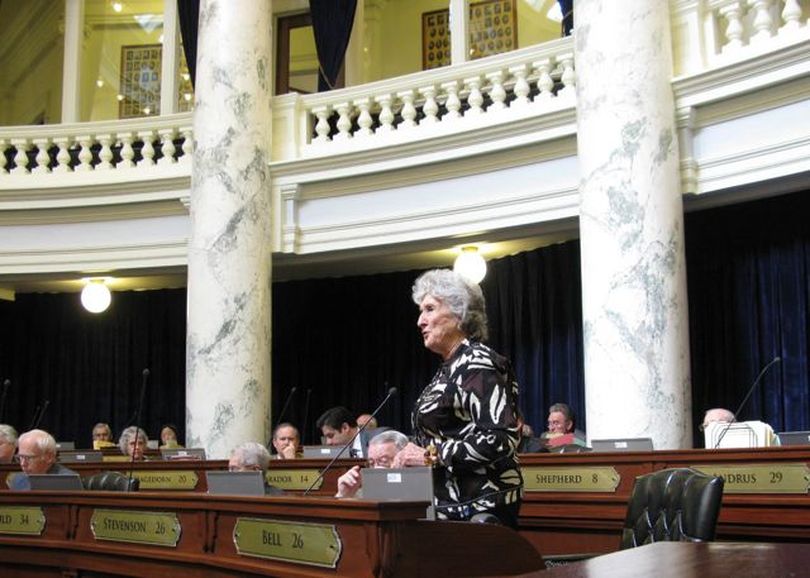 House Appropriations Chairwoman Maxine Bell, R-Jerome, urges the House to pass a school budget that contains historic cuts. The House passed the bill Thursday on a 50-19 vote, and sent it to Gov. Butch Otter. (Betsy Russell)