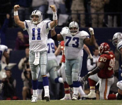 
Dallas Cowboys quarterback Drew Bledsoe (11) and guard Larry Allen (73) celebrate the Cowboys' go-ahead fourth-quarter touchdown against the Kansas City Chiefs on Sunday in Irving, Texas.
 (Associated Press / The Spokesman-Review)