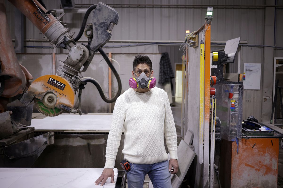 Jeff Rose, a part owner, at his countertop fabrication shop on Wednesday in Nicholasville, Ky. Rose is among the hundreds, if not thousands, of workers who have been diagnosed with silicosis, a lethal lung disease caused by inhaling silica dust.  (LUKE SHARRETT)